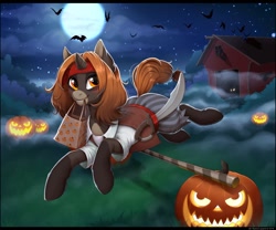 Size: 1280x1067 | Tagged: safe, artist:kyotoleopard, derpibooru import, oc, oc only, pony, unicorn, art trade, barn, clothes, costume, digital art, female, halloween, halloween costume, holiday, horn, jack-o-lantern, mare, mouth hold, night, pumpkin, running, smiling, solo, tail