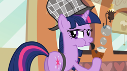 Size: 3000x1687 | Tagged: safe, derpibooru import, screencap, twilight sparkle, unicorn twilight, pony, unicorn, mmmystery on the friendship express, blowing bubbles, bubble pipe, butt, deerstalker, detective, female, hat, mare, pipe, plot, puffy cheeks, solo, twibutt