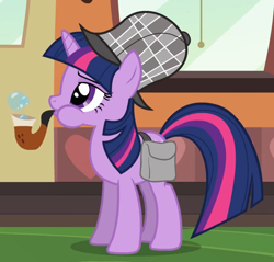 Size: 1350x1293 | Tagged: safe, derpibooru import, screencap, twilight sparkle, unicorn twilight, pony, unicorn, mmmystery on the friendship express, blowing bubbles, bubble pipe, butt, cropped, deerstalker, detective, female, hat, mare, pipe, puffy cheeks, solo