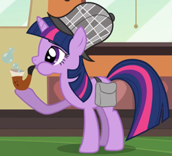 Size: 1426x1293 | Tagged: safe, derpibooru import, screencap, twilight sparkle, unicorn twilight, pony, unicorn, mmmystery on the friendship express, blowing bubbles, bubble pipe, butt, cropped, deerstalker, detective, female, hat, mare, pipe, puffy cheeks, solo