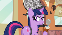 Size: 1920x1080 | Tagged: safe, derpibooru import, screencap, twilight sparkle, unicorn twilight, pony, unicorn, mmmystery on the friendship express, blowing bubbles, bubble pipe, butt, deerstalker, detective, female, hat, mare, pipe, puffy cheeks, solo, twibutt