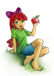 Size: 771x1080 | Tagged: artist needed, source needed, safe, derpibooru import, apple bloom, equestria girls, adorabloom, apple, apple bloom's bow, barefoot, blushing, bow, clothes, cute, feet, food, grass, hair bow, open mouth, shirt, shorts, simple background, sitting, solo, t-shirt, white background