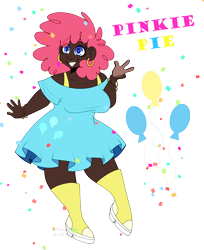 Size: 3300x4036 | Tagged: safe, artist:tuzz-arts, derpibooru exclusive, derpibooru import, pinkie pie, human, boots, bracelet, chubby, clothes, dark skin, dress, ear piercing, earring, female, frilly dress, humanized, jewelry, piercing, platform shoes, shoes, simple background, smiling, solo, text, transparent background