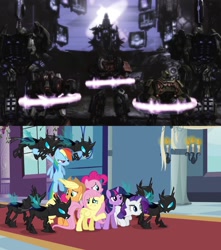 Size: 1876x2120 | Tagged: safe, derpibooru import, edit, edited screencap, screencap, applejack, fluttershy, pinkie pie, rainbow dash, rarity, twilight sparkle, changeling, earth pony, pegasus, pony, unicorn, a canterlot wedding, bumblebee, captured, crossover, decepticon, kaon, laserbeak, optimus prime, sideswipe, soundwave, transformers, transformers war for cybertron, transformers: war for cybertron, vehicon