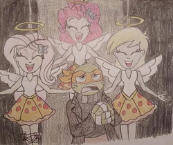 Size: 1024x860 | Tagged: safe, artist:jebens1, derpibooru import, derpy hooves, fluttershy, pinkie pie, angel, human, equestria girls, drawing, eyes closed, food, halo, michaelangelo, mikey, parody, pizza, pizza angel, reference, singing, song in the description, song reference, story included, teenage mutant ninja turtles, veggietales, wings