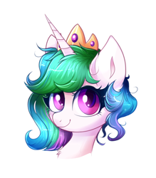 Size: 1616x1842 | Tagged: safe, artist:confetticakez, derpibooru import, princess celestia, alicorn, pony, my little pony: pony life, alternate hairstyle, bust, chest fluff, crown, cute, cutelestia, ear fluff, female, g4.5 to g4, jewelry, looking at you, mare, regalia, simple background, solo, white background