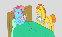 Size: 1024x613 | Tagged: safe, artist:allonsos-evil-lair, derpibooru import, carrot cake, cup cake, pound cake, pumpkin cake, earth pony, pony, baby cakes, atg 2018, baby, baby pony, bed, cake twins, crying, newbie artist training grounds, newborn, siblings, tears of joy, twins