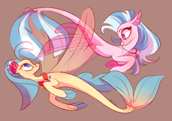 Size: 4093x2894 | Tagged: safe, artist:shore2020, derpibooru import, princess skystar, silverstream, seapony (g4), my little pony: the movie, brown background, cousins, cute, duo, female, high res, no pupils, seashell necklace, simple background