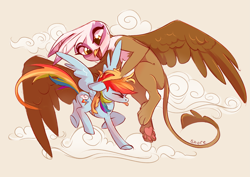 Size: 4093x2894 | Tagged: safe, artist:shore2020, derpibooru import, gilda, rainbow dash, griffon, pegasus, pony, cloud, cute, duo, duo female, female, flying, high res, mare, noogie, open mouth, ruffled hair, size difference, tongue out