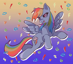 Size: 1279x1117 | Tagged: safe, artist:beeb, derpibooru import, rainbow dash, pegasus, pony, cloud, doodles, exclamation point, female, heart, lightning, mare, open mouth, pixiv, solo, stars, swirls
