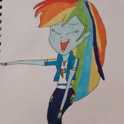 Size: 1080x1080 | Tagged: safe, alternate version, artist:pastelqueenart, derpibooru import, rainbow dash, equestria girls, clothes, female, laughing, open mouth, smiling, solo, traditional art