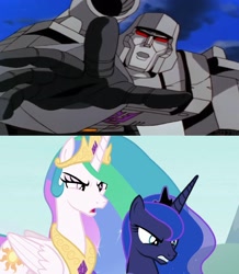 Size: 1900x2180 | Tagged: safe, derpibooru import, edit, edited screencap, screencap, princess celestia, princess luna, alicorn, pony, the ending of the end, angry, begging, crossover, megatron, the transformers: the movie, transformers