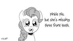 Size: 1200x675 | Tagged: safe, artist:pony-berserker, derpibooru import, pinkie pie, earth pony, pony, monochrome, solo, stippling, teeth