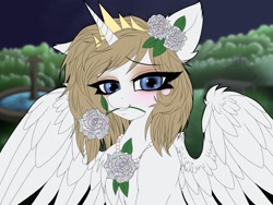 Size: 2048x1536 | Tagged: safe, alternate version, artist:pearl123_art, derpibooru import, oc, oc only, oc:pearl, alicorn, pony, alicorn oc, eyelashes, female, flower, flower in hair, flower in mouth, horn, mare, mouth hold, solo, spread wings, wings