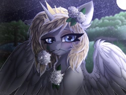 Size: 1620x1215 | Tagged: safe, alternate version, artist:pearl123_art, derpibooru import, oc, oc only, oc:pearl, alicorn, pony, alicorn oc, eyelashes, female, flower, flower in hair, flower in mouth, full moon, horn, mare, moon, mouth hold, night, solo, spread wings, stars, wings