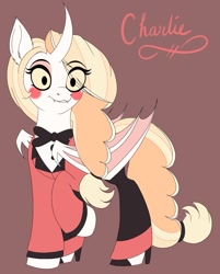 Size: 1275x1583 | Tagged: safe, artist:pearl123_art, derpibooru import, alicorn, bat pony, bat pony alicorn, pony, bat wings, blush sticker, blushing, bowtie, charlie, clothes, eye clipping through hair, hazbin hotel, horn, multiple limbs, ponified, raised hoof, solo, wings