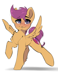 Size: 1866x2388 | Tagged: safe, artist:skitsroom, derpibooru import, scootaloo, pegasus, pony, blushing, chest fluff, cute, cutealoo, female, filly, high res, raised hoof, raised leg, simple background, smiling, solo, spread wings, white background, wings