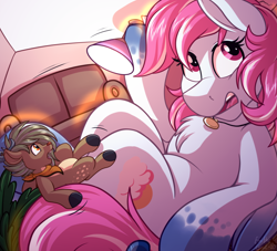 Size: 4000x3625 | Tagged: safe, artist:sugaryviolet, derpibooru import, oc, oc only, oc:evening skies, oc:habile, deer, pegasus, pony, absurd resolution, commission, duo, giant pegasus, giant pony, growth, indoors, macro, sofa, surprise growth, surprised