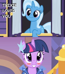 Size: 1264x1440 | Tagged: safe, derpibooru import, edit, edited screencap, screencap, trixie, twilight sparkle, the best night ever, to where and back again, blushing, female, lesbian, shipping, shipping domino, twixie