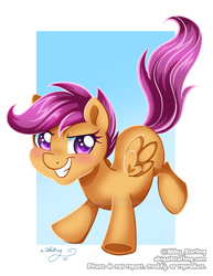 Size: 1020x1320 | Tagged: safe, artist:abbystarling, derpibooru import, scootaloo, pegasus, pony, abstract background, blushing, cute, cutealoo, female, filly, smiling, solo