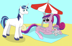 Size: 1024x661 | Tagged: safe, artist:allonsos-evil-lair, derpibooru import, princess cadance, princess flurry heart, shining armor, alicorn, pony, unicorn, beach, beach towel, beach umbrella, family, female, hat, looking at each other, male, missing cutie mark, prone, shiningcadance, shipping, straight, sunglasses