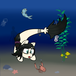 Size: 1050x1050 | Tagged: safe, artist:scraggleman, derpibooru import, oc, oc:floor bored, fish, jellyfish, lobster, seapony (g4), controller, ponytail, seaponified, snes controller, solo, species swap, underwater