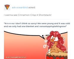 Size: 560x445 | Tagged: safe, artist:esmeia, derpibooru import, oc, oc:cinnamon crisp, earth pony, pony, ask, blushing, colored hooves, earth pony oc, embarrassed, female, mare, open mouth, solo, speech bubble, tumblr