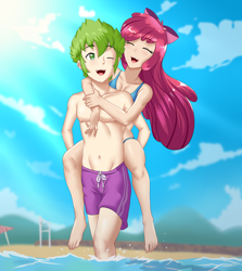 Size: 1716x1920 | Tagged: safe, artist:thebrokencog, derpibooru import, apple bloom, spike, human, anime, apple bloom's bow, barefoot, beach, belly button, bikini, bow, breasts, cleavage, clothes, commission, duo, eyes closed, feet, female, hair bow, humanized, male, one eye closed, piggyback ride, shipping, shorts, spikebloom, straight, swimsuit, water, wink