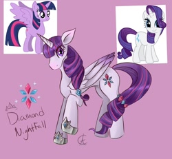 Size: 1120x1034 | Tagged: safe, artist:cynfularts, derpibooru import, rarity, twilight sparkle, twilight sparkle (alicorn), alicorn, unicorn, fanart, fusion, mashup, pink background, simple background