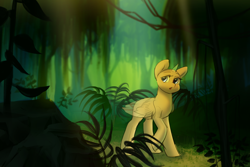 Size: 3000x2000 | Tagged: safe, artist:klooda, derpibooru import, sunbeam, pony, advertisement, any race, commission, detailed, detailed background, female, fern, generic pony, green background, jungle, leaves, looking at you, mare, open mouth, path, plant, rock, simple background, solo, sun ray, tree, walking, ych example, ych sketch, your character here