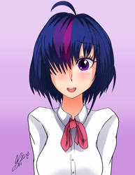 Size: 1583x2048 | Tagged: safe, alternate version, artist:manhunterj, derpibooru import, twilight sparkle, human, alternate hairstyle, anime, dialogue, female, hair over one eye, haircut, humanized, open mouth, short hair, signature, solo