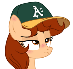 Size: 1665x1581 | Tagged: safe, artist:lazuli, artist:rioshi, artist:starshade, derpibooru import, oc, oc only, oc:vanilla creame, pegasus, pony, alcohol, baseball cap, beer, cap, hat, oakland athletics, shadow, simple background, solo, white background