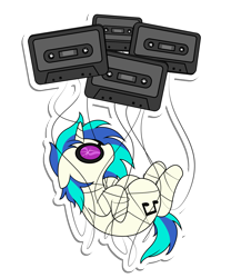 Size: 5000x6000 | Tagged: safe, alternate version, artist:blissprism, derpibooru import, dj pon-3, vinyl scratch, pony, unicorn, absurd resolution, broken glasses, cassette tape, entangled, female, mare, redraw, simple background, solo, sunglasses, tangled up, transparent background