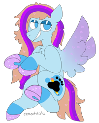 Size: 1024x1271 | Tagged: safe, artist:mushgoo, derpibooru import, oc, oc only, oc:bittersweet, pegasus, colored hooves, colored wings, cute, diabetes, gradient wings, long mane, ocbetes, simple background, smiling, smirk, solo, sparkly hooves, transparent background, wings, wings extended