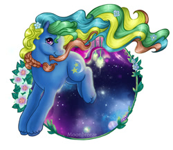 Size: 778x675 | Tagged: safe, artist:silvermoonbreeze, derpibooru import, g1, g2, bow, flower, flower in hair, g1 to g2, generation leap, night light (g1), solo, tail bow, unshorn fetlocks
