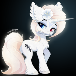 Size: 900x900 | Tagged: safe, artist:a-lunar-eclipse, derpibooru import, oc, oc:lunar eclipse, pony, unicorn, ear fluff, flower, heterochromia, horn, moon, needle, stitch, unicorn oc, unshorn fetlocks, white, yellow