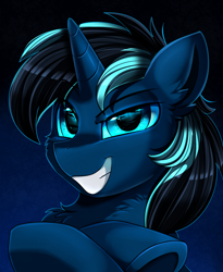 Size: 1446x1764 | Tagged: safe, artist:pridark, derpibooru import, oc, oc:flogau, pony, unicorn, blue eyes, bust, commission, crossed hooves, handsome, looking at you, male, portrait, smiling, solo