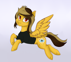 Size: 2029x1771 | Tagged: safe, artist:haruhi-il, derpibooru import, pegasus, pony, alex gaskarth, all time low, butt fluff, clothes, commission, dyed mane, dyed tail, ear fluff, flying, gradient background, hoof fluff, looking at you, male, ponified, shirt, solo, spread wings, stallion, t-shirt, tail feathers, wings, ych result