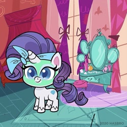 Size: 745x745 | Tagged: safe, derpibooru import, rarity, pony, unicorn, my little pony: pony life, bandana, carousel boutique, female, headband, mare, mirror, mud mask, smiling