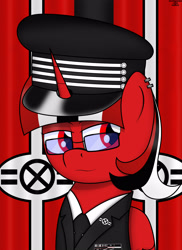 Size: 2400x3300 | Tagged: safe, artist:schwarzesskreuz, derpibooru import, oc, oc only, oc:richard linndemann, alicorn, pony, alicorn oc, bust, cap, clothes, hat, horn, not nazi, portrait, solo, suit, wings