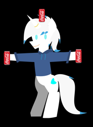 Size: 2125x2883 | Tagged: safe, artist:samsailz, derpibooru import, oc, oc only, unicorn, bipedal, black background, can, coca-cola, ring, simple background, smiling, soda, solo, t pose
