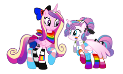 Size: 1800x1080 | Tagged: safe, artist:flipwix, derpibooru import, princess cadance, princess flurry heart, alicorn, pony, agender pride flag, alternate hairstyle, asexual pride flag, bandana, belt, bisexual pride flag, bow, clothes, ear piercing, earring, eyeshadow, face paint, female, gay pride, gay pride flag, genderfluid pride flag, genderqueer pride flag, hair bow, horn, horn ring, jewelry, lesbian pride flag, looking at each other, makeup, mare, mother and child, mother and daughter, nonbinary pride flag, older, older flurry heart, pansexual pride flag, parent and child, piercing, polyamory pride flag, pride, pride flag, rainbow socks, raised hoof, ring, scarf, simple background, skirt, socks, straight pride flag, striped socks, striped sweater, sweater, tail bow, transgender pride flag, transparent background, wall of tags, wristband
