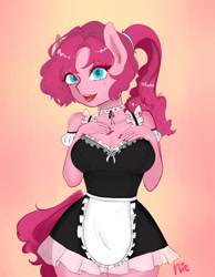 Size: 3500x4500 | Tagged: safe, artist:nieshjj, derpibooru import, pinkie pie, anthro, big breasts, breasts, choker, clothes, cute, female, high res, looking at you, maid, makeup, mole, nail polish, signature, simple background, smiling, solo, tail, thighs