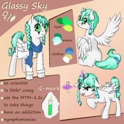 Size: 1280x1280 | Tagged: safe, artist:daisyminttea, derpibooru import, oc, oc only, oc:glassy sky, pegasus, pony, clothes, female, mare, pegasus oc, reference, reference sheet, simple background, text, tongue out, wings