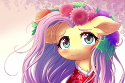 Size: 1280x854 | Tagged: safe, artist:symbianl, derpibooru import, fluttershy, pegasus, pony, blushing, chest fluff, clothes, cute, flower, flower in hair, hime cut, leaves in hair, shyabetes, solo, weapons-grade cute