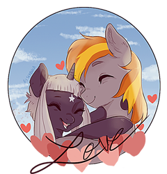 Size: 416x433 | Tagged: safe, artist:serbhka, derpibooru import, oc, oc only, oc:scarr, oc:serbhka, pegasus, pony, unicorn, eyes closed, female, floating heart, heart, love, male, mare, open mouth, shipping, simple background, stallion, straight, transparent background