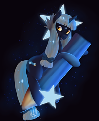 Size: 476x587 | Tagged: safe, artist:serbhka, derpibooru import, oc, oc only, oc:serbhka, pony, unicorn, cutie mark, female, mare, pencil, solo, starry background, stars