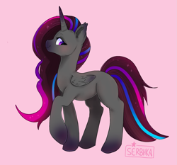 Size: 1169x1089 | Tagged: safe, artist:serbhka, derpibooru import, oc, oc only, alicorn, pony, alicorn oc, female, horn, mare, pink background, raised hoof, simple background, solo, wings