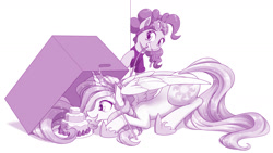 Size: 1600x900 | Tagged: safe, artist:dstears, derpibooru import, pinkie pie, princess celestia, alicorn, earth pony, pony, box, cake, cakelestia, crouching, cute, cutelestia, dock, food, goggles, monochrome, mouth hold, open mouth, pinkie spy, sillestia, silly, spy, that princess sure does love cake, this will end in a trip to the moon, this will end in tears and/or a journey to the moon, trap (device)