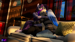 Size: 3840x2160 | Tagged: safe, artist:shadowboltsfm, derpibooru import, oc, oc:inkwell stylus, oc:raven storm, anthro, plantigrade anthro, 3d, 4k, barefoot, bra, breasts, clothes, cute, dawwww, eyes closed, feet, hug, jeans, pants, pillow, smiling, sofa, source filmmaker, sweater